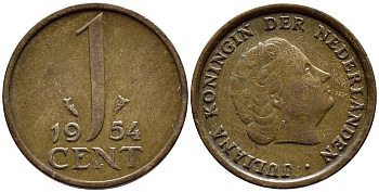 Нидерланды 1 цент 1954 Юлиана (1949-1980) KM 180 бронза 4392-1355