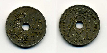 БЕЛЬГИЯ 25 САНТИМОВ 1927 BELGIQUE KM 68.1 медно-никель 37-1223