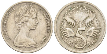 АВСТРАЛИЯ 5 ЦЕНТОВ 1967 ЕЛИЗАВЕТА II (1952-) МОЛОДОЙ ПОРТРЕТ, ЕХИДНА KM 64 медно-никель 4516-648