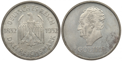 Германия 3 марки 1932 D, 100 лет со дня смерти Иоганна Вольфганга фон Гёте J. 350, KM 76 серебро UNC 00-805-52