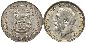 Великобритания 1 шиллинг 1918 Георг V (1910-1936) KM 816, Spink 4013 серебро 1074-8-71