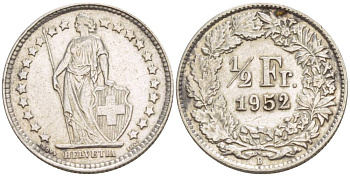 ШВЕЙЦАРИЯ 1/2 ФРАНКА 1952 В KM 23 серебро 4532-1021