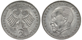 ФРГ 2 МАРКИ 1971 D, КОНРАД АДЕНАУЭР KM 124, J. 406 медно-никель плакированный никелем плакированный никелем UNC 72-435