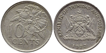 Тринидад и Тобаго 10 центов 1977 цветок гибискуса KM 31 медно-никель 4396-854