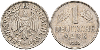 ФРГ 1 МАРКА 1962 D KM 110, J. 385 медно-никель 75-721