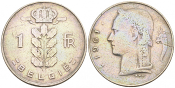 БЕЛЬГИЯ 1 ФРАНК 1961 BELGIE KM 143.1 медно-никель 68-622