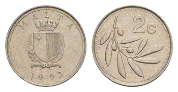 Мальта 2 цента 1993 оливковая ветвь KM 94 медно-никель 4632-855