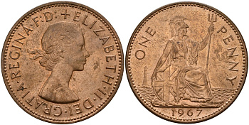 Великобритания 1 пенни 1967 Елизавета II (1952-2022) KM 897, Spink 4157 бронза UNC 4149-1146