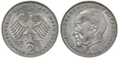 ФРГ 2 марки 1971 D, Конрад Аденауэр KM 124, J. 406 медно-никель плакированный никелем UNC 4681-1035