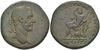 Римская Империя, Провинция Нижняя Мезия, Никополь-на-Истре АЕ 217 - 218 Макрин, бюст императора / древнегреческий мифологический герой Гем, 13,21 гр rare AMNG 1766 медь 1073-22-64