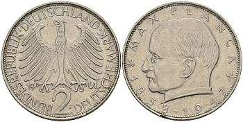 ФРГ 2 марки 1964 F, Макс Планк KM 116,  J. 392 медно-никель плакированный никелем4149-526