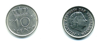 НИДЕРЛАНДЫ 10 ЦЕНТОВ 1959 ЮЛИАНА KM 182 никель 76-332