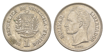 Венесуэла 1 боливар 1989 Симон Боливар, тонкий шрифт Y 52a.1 сталь плакированная никелем 4591-336