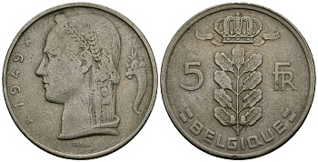 Бельгия 5 франков 1949 Леопольд III (1934-1950), Belgique KM 134.1 медно-никель 4172-545