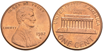 США 1 ЦЕНТ 1982 D, ЛИНКОЛЬН KM 201 медь цинк UNC 187-729