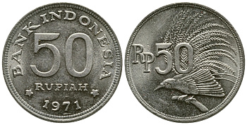 Индонезия 50 рупий 1971 райская птица KM 35 медно-никель 177-747