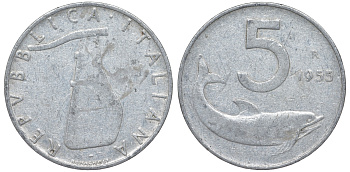 Италия 5 лир 1955 R, плуг, дельфин KM 92 алюминий 4596-423