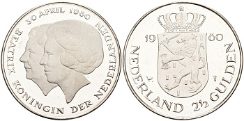 Нидерланды 2 1/2 гульдена 1980 коронация Беатрикс, 30 апреля 1980 KM 201 никель 4593-613