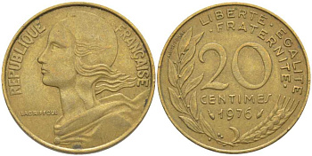 ФРАНЦИЯ 20 САНТИМОВ 1976 ТИП MARIANNE KM 930, LE FRANC 156.16 алюминиевая бронза 175-842