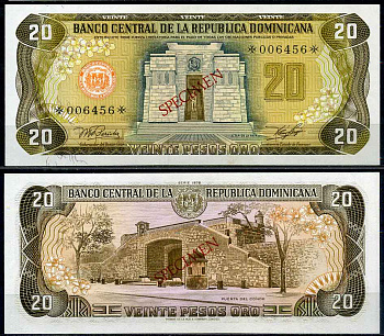 Доминиканская Республика 20 песо 1977 алтарь родины, образец, SPECIMEN Pick 120 s1 бумага UNC (пресс) 451-811-2