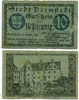 Германия, Дармштадт 10 пфеннигов 1920 15 декабря 1920, нотгельд, земля Гессен Grabowski D5.5b  бумага   8614-1-1-2