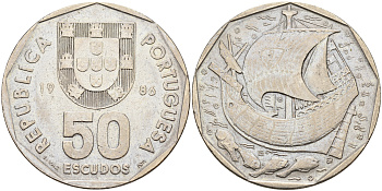 Португалия 50 эскудо 1986 парусник, первый год KM 636 медно-никель    4157-733