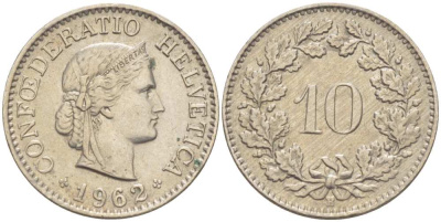 ШВЕЙЦАРИЯ 10 РАППЕНОВ 1962 В KM 27 медно-никель 39-1048