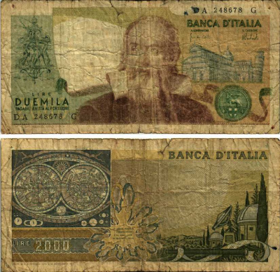 Италия 2000 лир 1973 Галилео, Пизанская башня Pick 103а бумага VG-F 7222-61-1-1