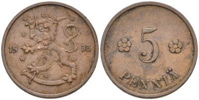 ФИНЛЯНДИЯ 5 ПЕННИ 1935 KM 22 медь 192-1251