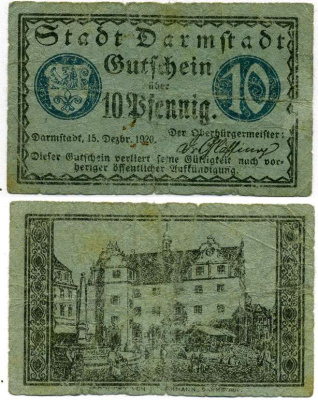 Германия, Дармштадт 10 пфеннигов 1920 15 декабря 1920, нотгельд, земля Гессен Grabowski D5.5b  бумага   8614-1-1-2