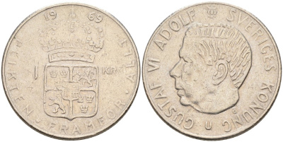 Швеция 1 крона 1969 Густав VI Адольф (1950-1973) KM 826а медь плакированная медно-никелем 4575-1057