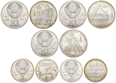 СССР набор из 5 монет номиналом 5 и 10 рублей 1978-1979 XXII летние Олимпийские игры 1980 года в Москве  серебро  UNC  8-2-04-19