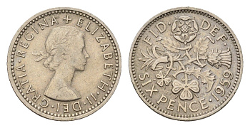 Великобритания 6 пенсов 1959 Елизавета II (1952-2022) KM 903, Spink 4149 медно-никель 100-555