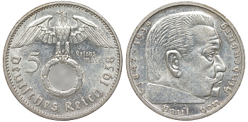 Германия 5 рейхсмарок 1938 E, Гинденбург КМ 94 J.367 серебро 36-731