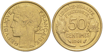 ФРАНЦИЯ 50 САНТИМОВ 1941 ТИП MORLON KM 894.1, LE FRANC 192.18 алюминиевая бронза 44-451