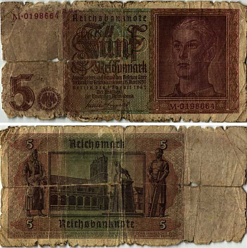 ГЕРМАНИЯ 5 РЕЙХСМАРОК 1942 1 АВГУСТА 1942, С БУКВОЙ Pick 186а бумага 7219-14-3