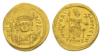 Византийская Империя солид 565-578 Юстин II, DN IVSTINVS PP AVI, бюст императора анфас/VICTORIA AVGGGI, персонификация Константинополя со скипетром и державой, Константинополь, 4,47 гр Sear 345 золото 00-801-98