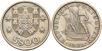Португалия 5 эскудо 1981 парусник KM 591 медно-никель    4161-813