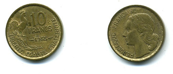 ФРАНЦИЯ 10 ФРАНКОВ 1955 KM 915.1 алюминиевая бронза 59-1132
