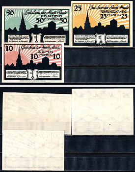 Штаде (Пруссия, Ганновер) полный набор из 3 нотгельдов (10, 25 и 50 пфеннигов) 1920 Mehl Grabowski S96 бумага UNC (пресс) 7556-63-2-1