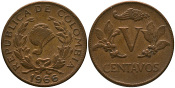 Колумбия 5 сентаво 1966 KM 206, Schon 27, Hernandez 382, Restrepo 370.29 медь 4576-1246