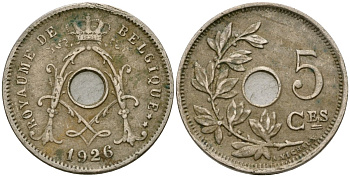 Бельгия 5 сантимов 1926 Belgique KM 66 медно-никель 4136-511