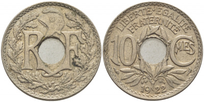 ФРАНЦИЯ 10 САНТИМОВ 1922 ТИП ЛИНДАЙЁ KM 866а медно-никель 4448-223