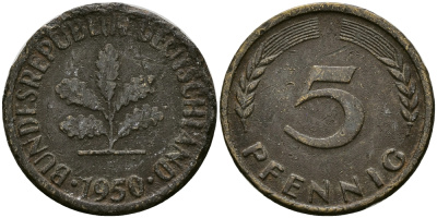 ФРГ 5 ПФЕННИГОВ 1950 J KM 107, J. 382 сталь плакированная латунью 4396-845