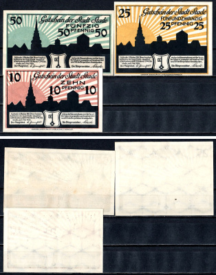 Штаде (Пруссия, Ганновер) полный набор из 3 нотгельдов (10, 25 и 50 пфеннигов) 1920 Mehl Grabowski S96 бумага UNC (пресс) 7556-63-2-1