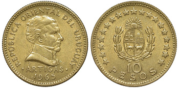 Уругвай 10 песо 1965 KM 48 алюминиевая бронза 4572-545