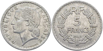 Франция 5 франков 1949 тип Лаврийе KM 888b.1, LE FRANC 339.17 алюминий 111-1126