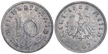 Германия 10 рейхспфеннигов 1947 F, оккупация Германии союзными войсками J. 375, KM A104 цинк aUNC 11-264-58