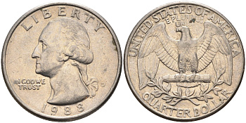 США 25 центов = квотер 1988 D, Вашингтон KM A164a медь плакированная медно-никелем 4584-1245