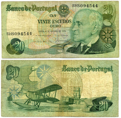 ПОРТУГАЛИЯ 20 ЭСКУДО 1978 4 ОКТЯБРЯ 1978, АДМИРАЛ ГЭГО КУТИНЬО, САМОЛЕТ, АЭРОПЛАН Pick 176b бумага 8611-53-3-2